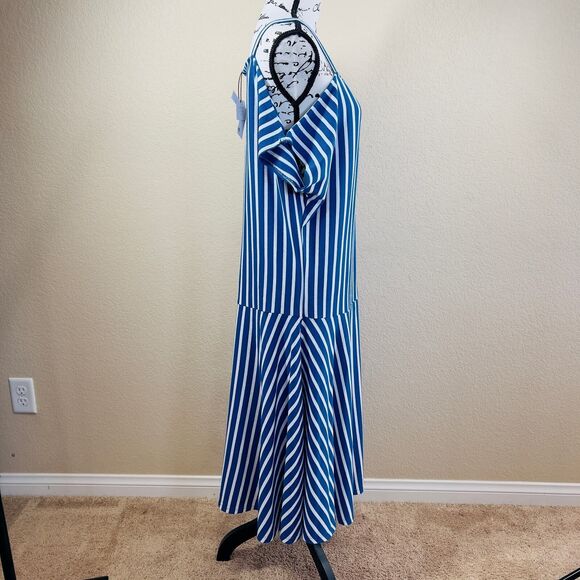 Zara blue and White Striped Zara Maxi Dress cut of shoulders size S boho coastal - Picture 8 of 16